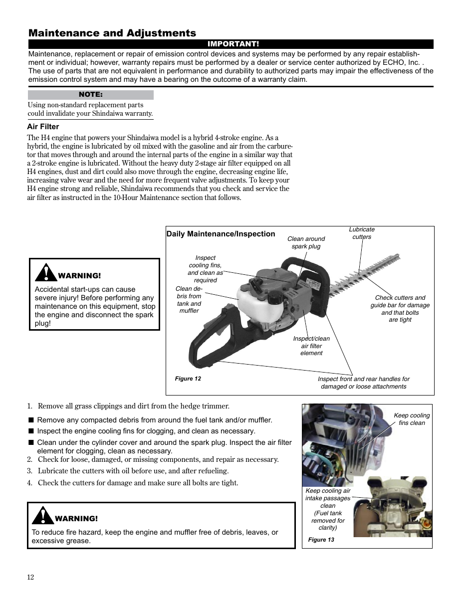 Maintenance and adjustments | Shindaiwa X7502864301 User Manual | Page 12 / 28