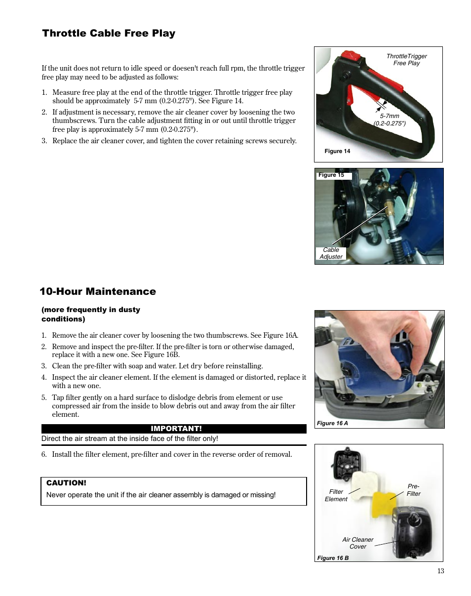 Hour maintenance, Throttle cable free play | Shindaiwa X7502864301 User Manual | Page 13 / 28