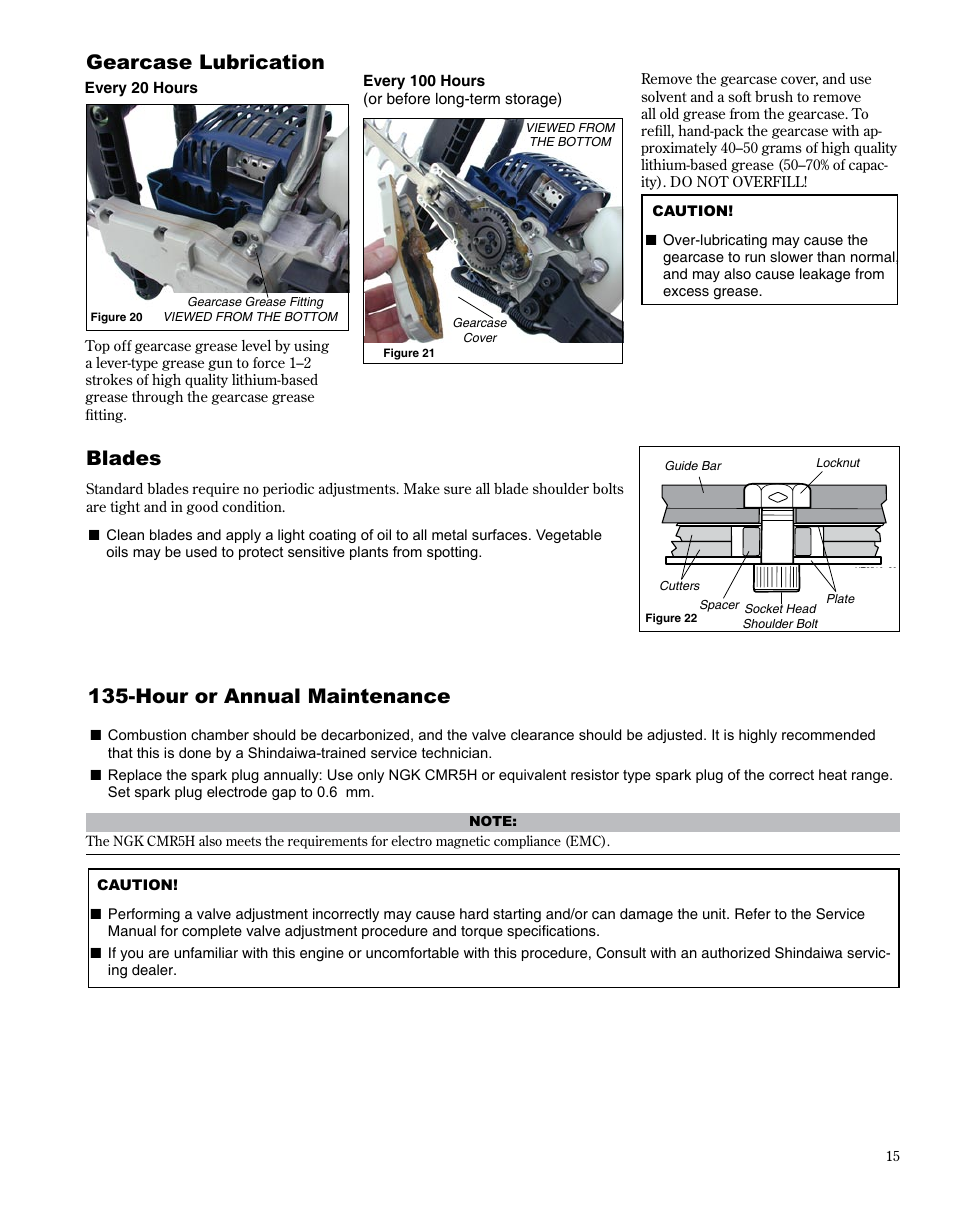 Gearcase lubrication, Blades, Hour or annual maintenance | Shindaiwa X7502864301 User Manual | Page 15 / 28