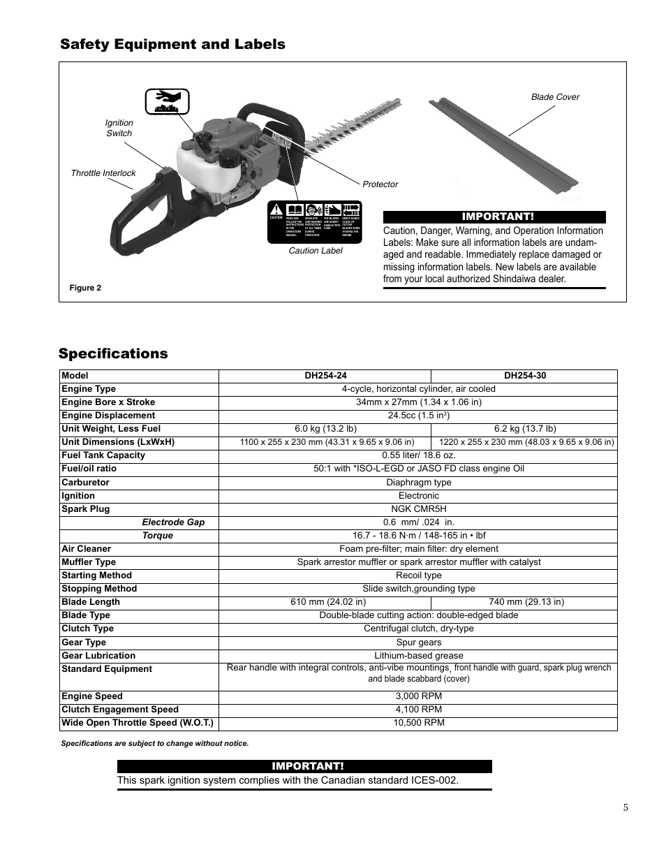 Safety equipment and labels, Specifications | Shindaiwa X7502864301 User Manual | Page 5 / 28