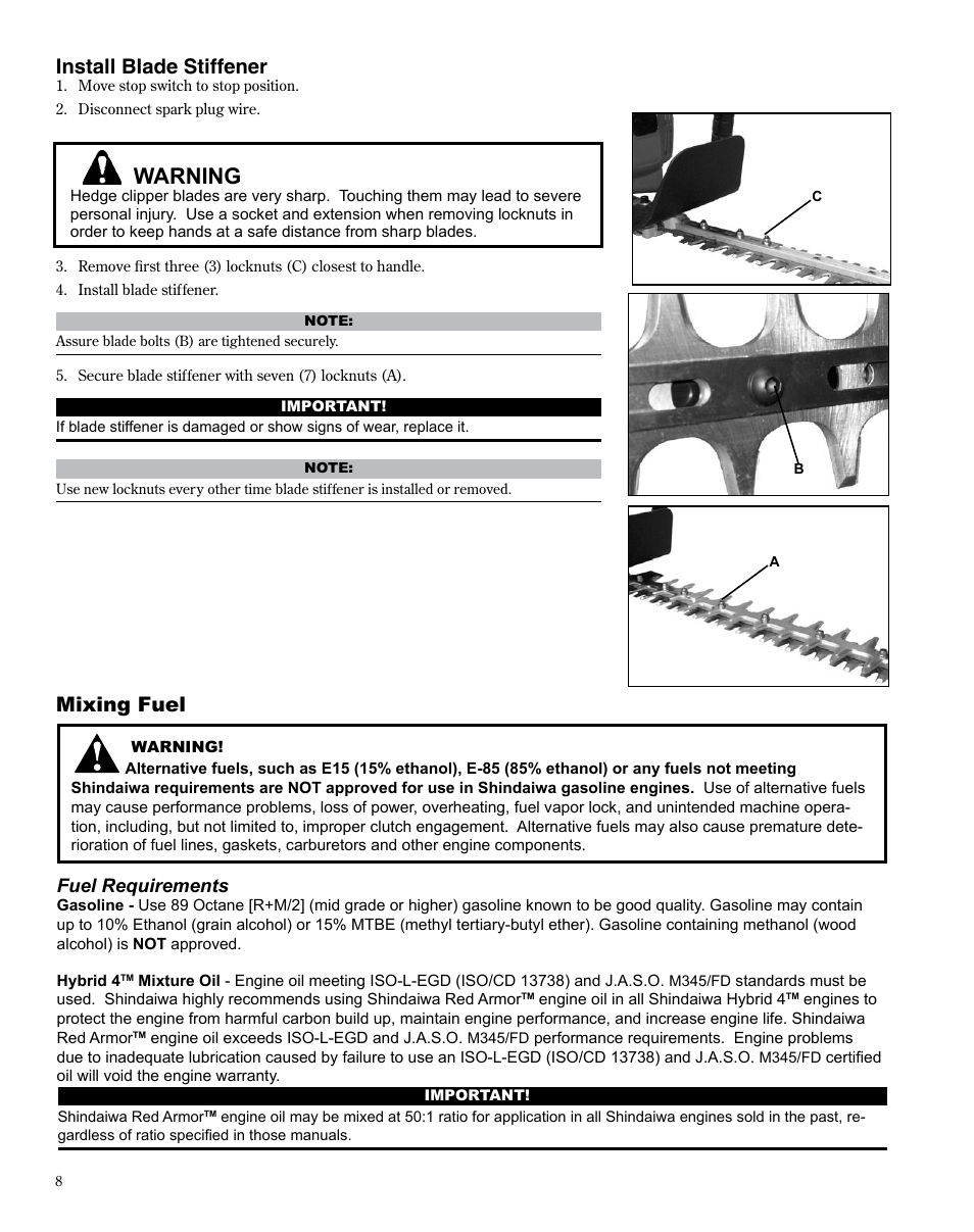 Warning, Mixing fuel, Install blade stiffener | Shindaiwa X7502864301 User Manual | Page 8 / 28