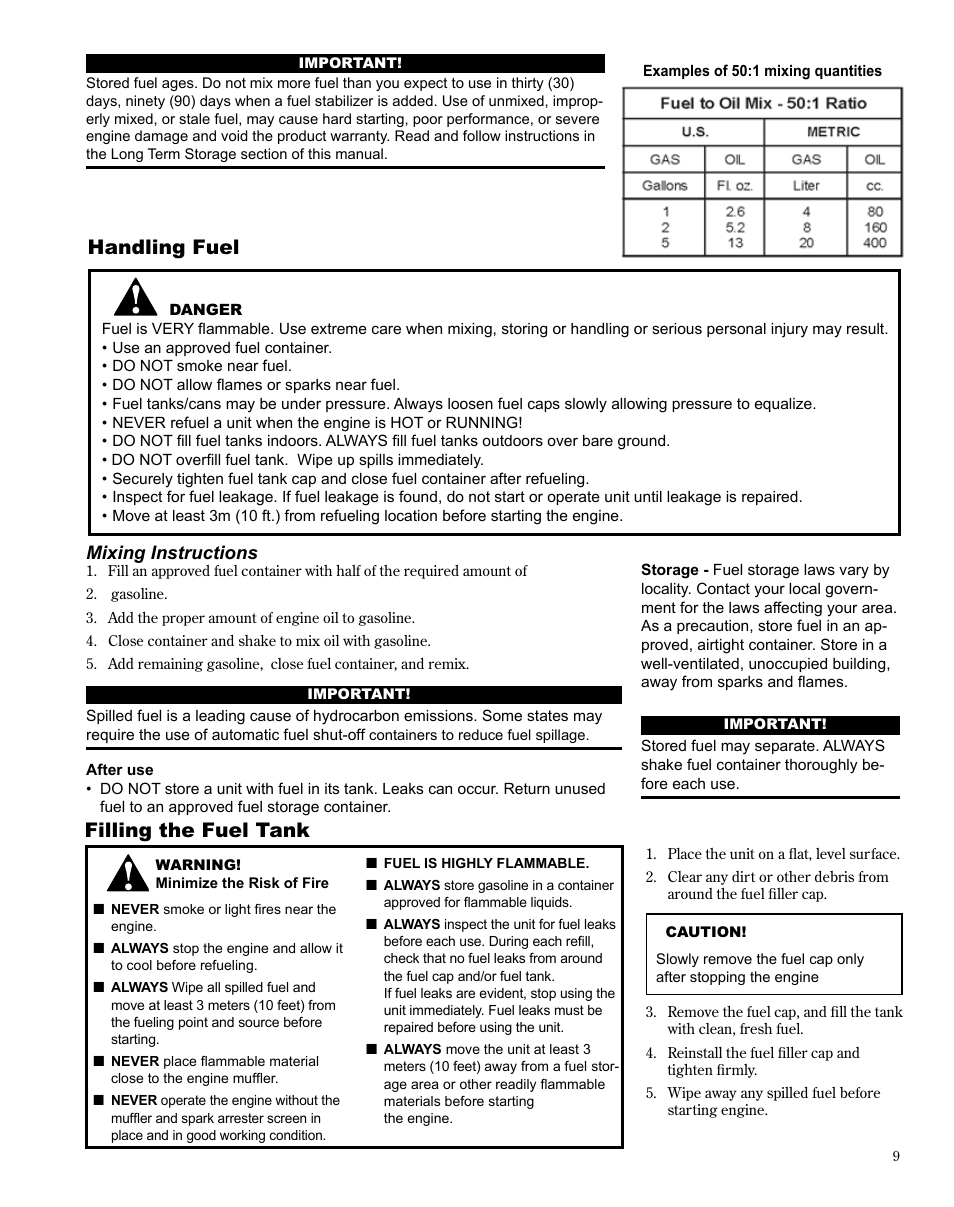 Handling fuel, Filling the fuel tank | Shindaiwa X7502864301 User Manual | Page 9 / 28