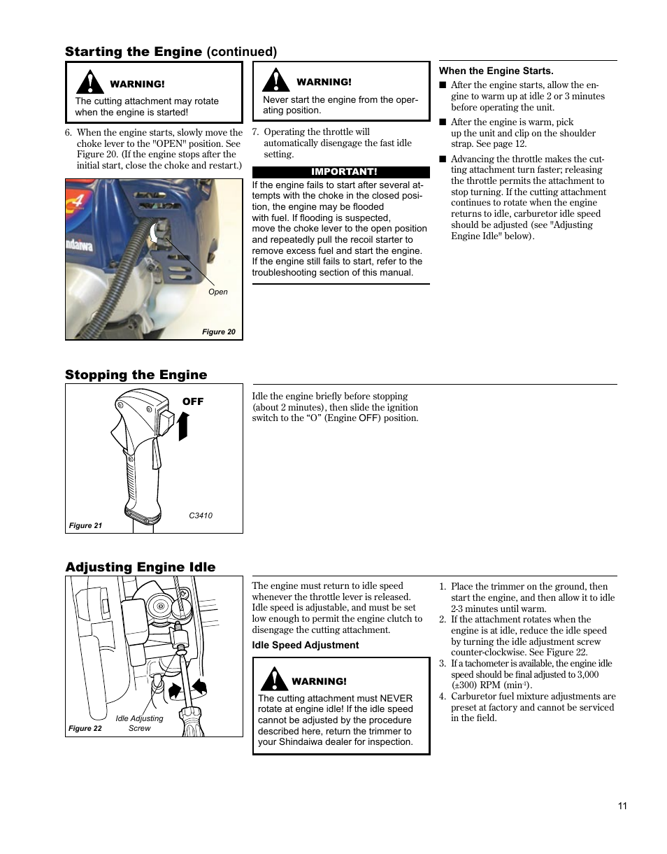 Operation, Fuel, Starting the engine (continued) | Stopping the engine adjusting engine idle | Shindaiwa BRUSHCUTTER C3410 User Manual | Page 11 / 24