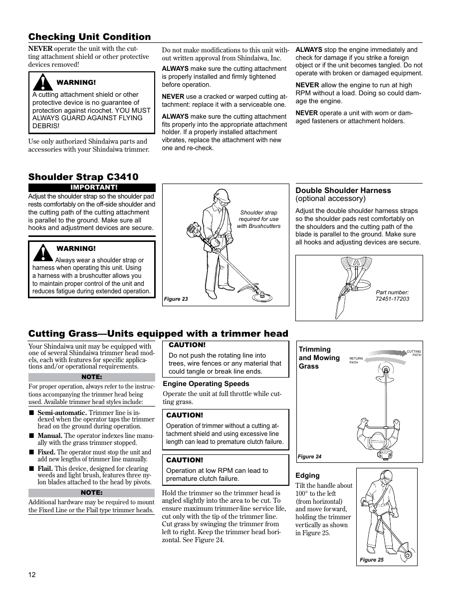 Cutting grass—units equipped with a trimmer head, Checking unit condition shoulder strap c3410 | Shindaiwa BRUSHCUTTER C3410 User Manual | Page 12 / 24