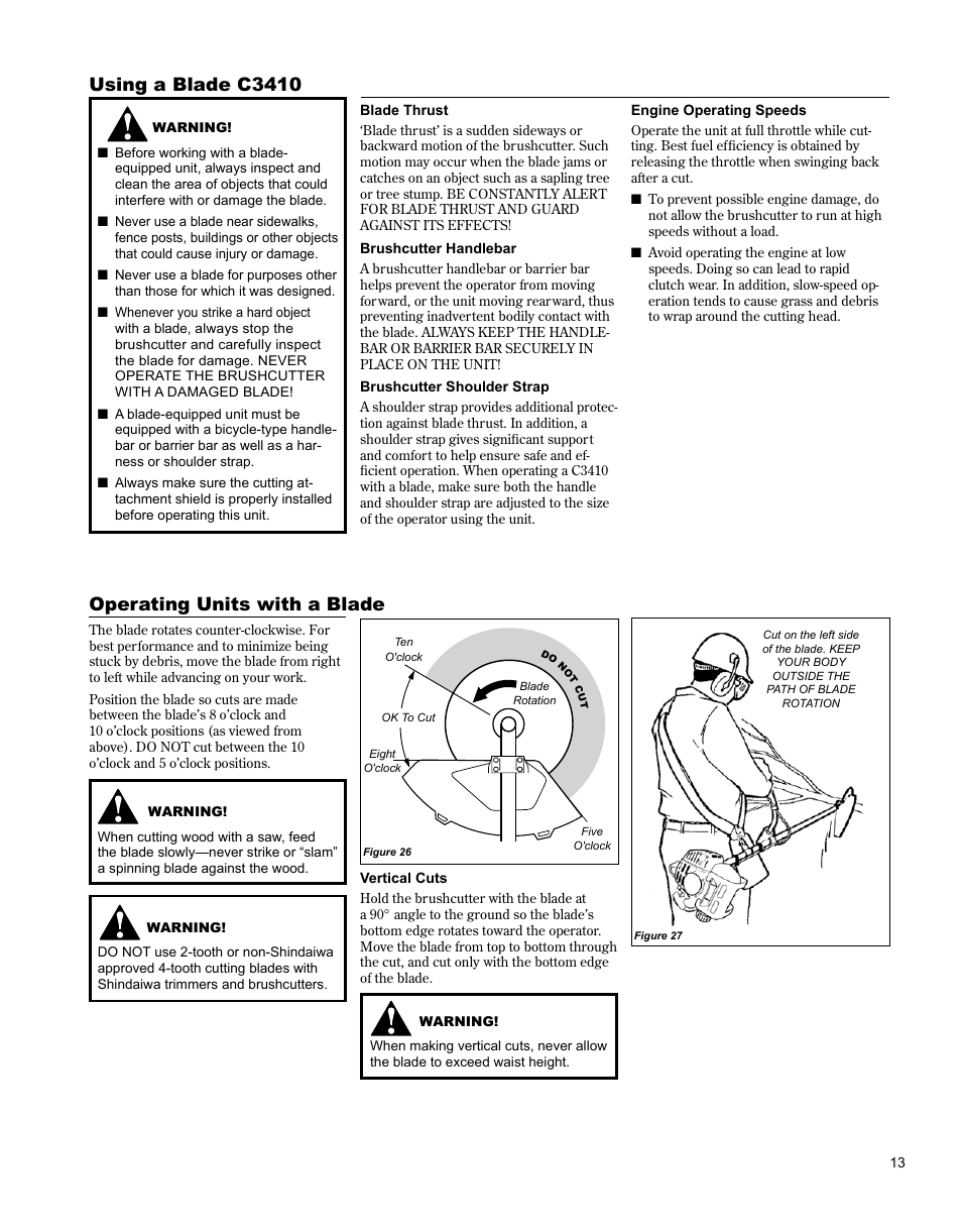 Starting cold engine, Using a blade c3410, Operating units with a blade | Shindaiwa BRUSHCUTTER C3410 User Manual | Page 13 / 24