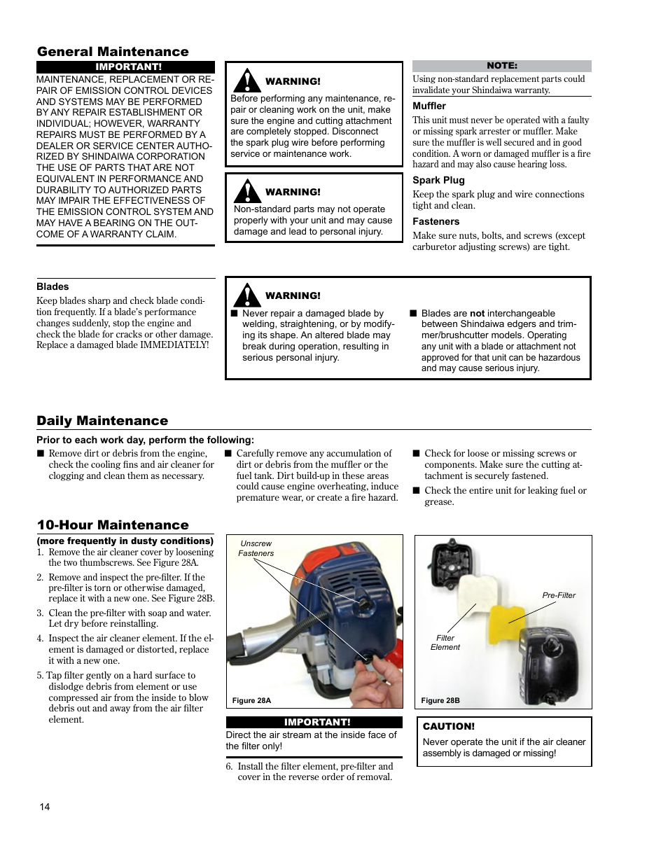 Starting warm engine, Stopping engine, General maintenance | Daily maintenance, Hour maintenance | Shindaiwa BRUSHCUTTER C3410 User Manual | Page 14 / 24