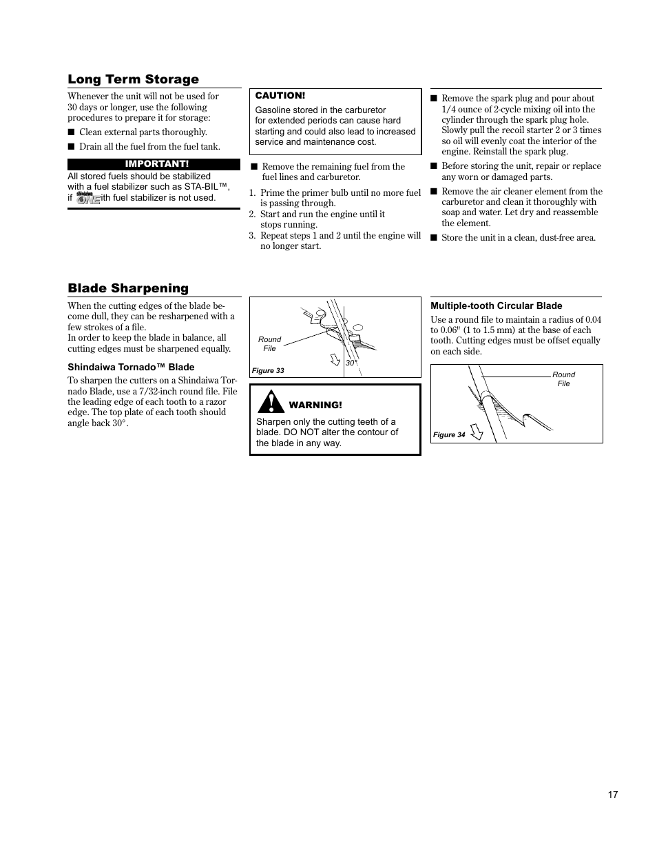 Long term storage, Blade sharpening | Shindaiwa BRUSHCUTTER C3410 User Manual | Page 17 / 24