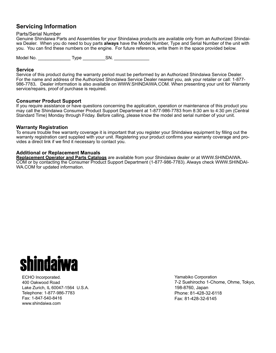 Troubleshooting, Servicing information | Shindaiwa BRUSHCUTTER C3410 User Manual | Page 24 / 24