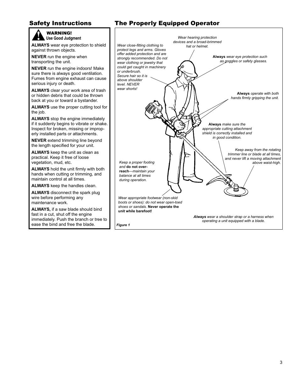 Safety, Safety instructions the properly equipped operator | Shindaiwa BRUSHCUTTER C3410 User Manual | Page 3 / 24