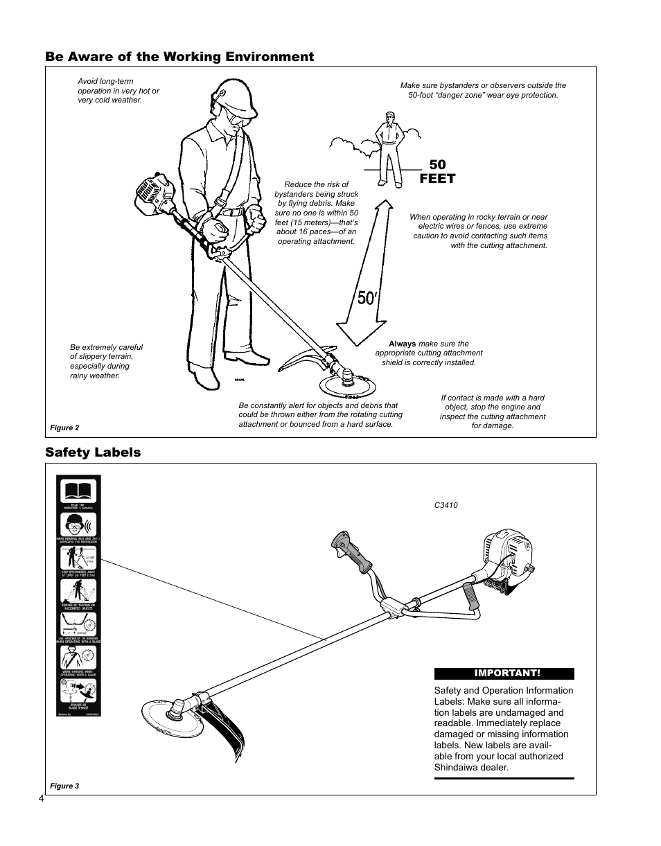 Safety labels, Be aware of the working environment, 50 feet | Shindaiwa BRUSHCUTTER C3410 User Manual | Page 4 / 24