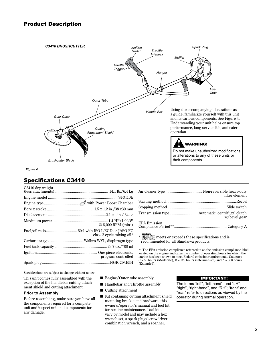 Product description, Specifications c3410 | Shindaiwa BRUSHCUTTER C3410 User Manual | Page 5 / 24