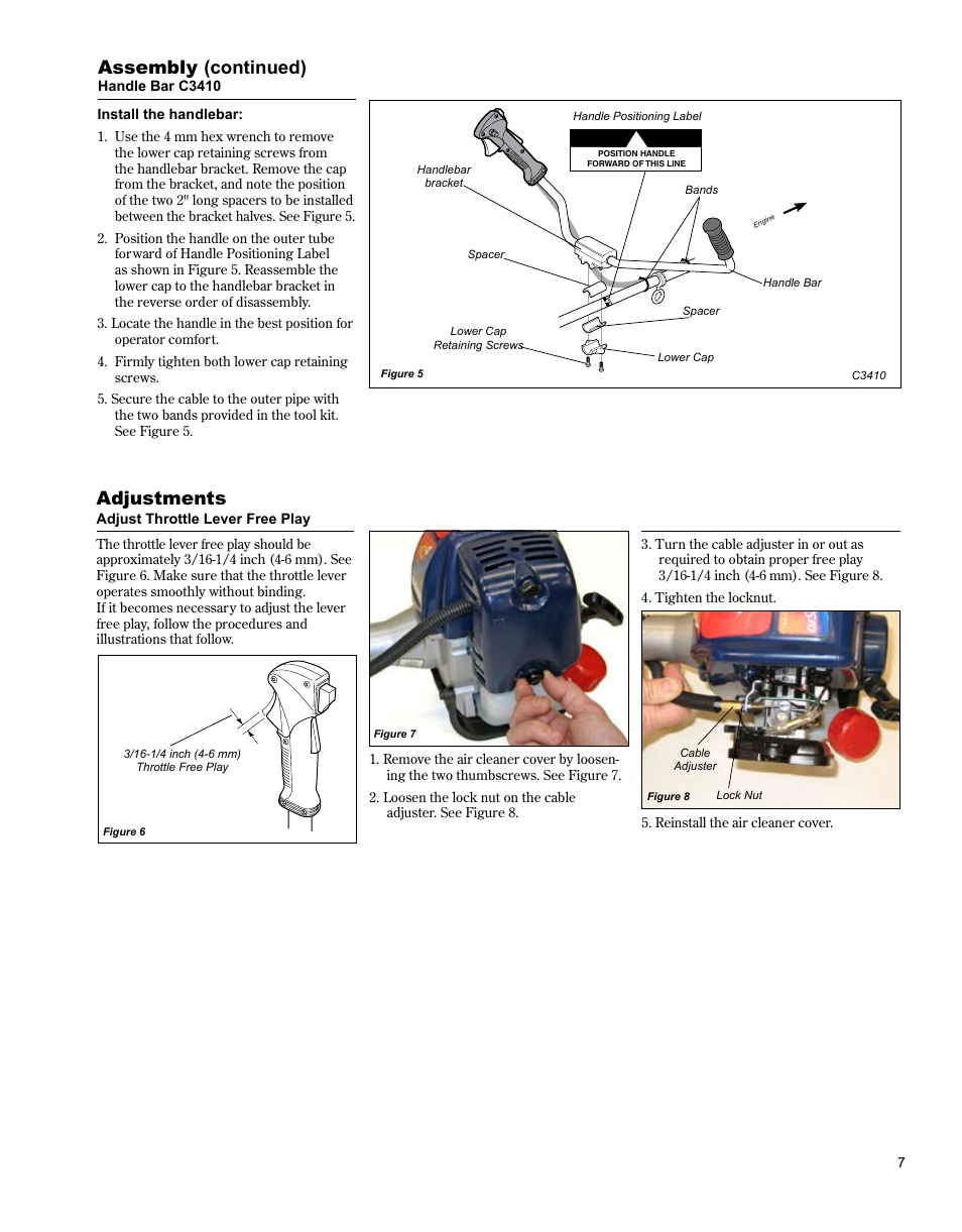 Adjustments, Assembly (continued) | Shindaiwa BRUSHCUTTER C3410 User Manual | Page 7 / 24