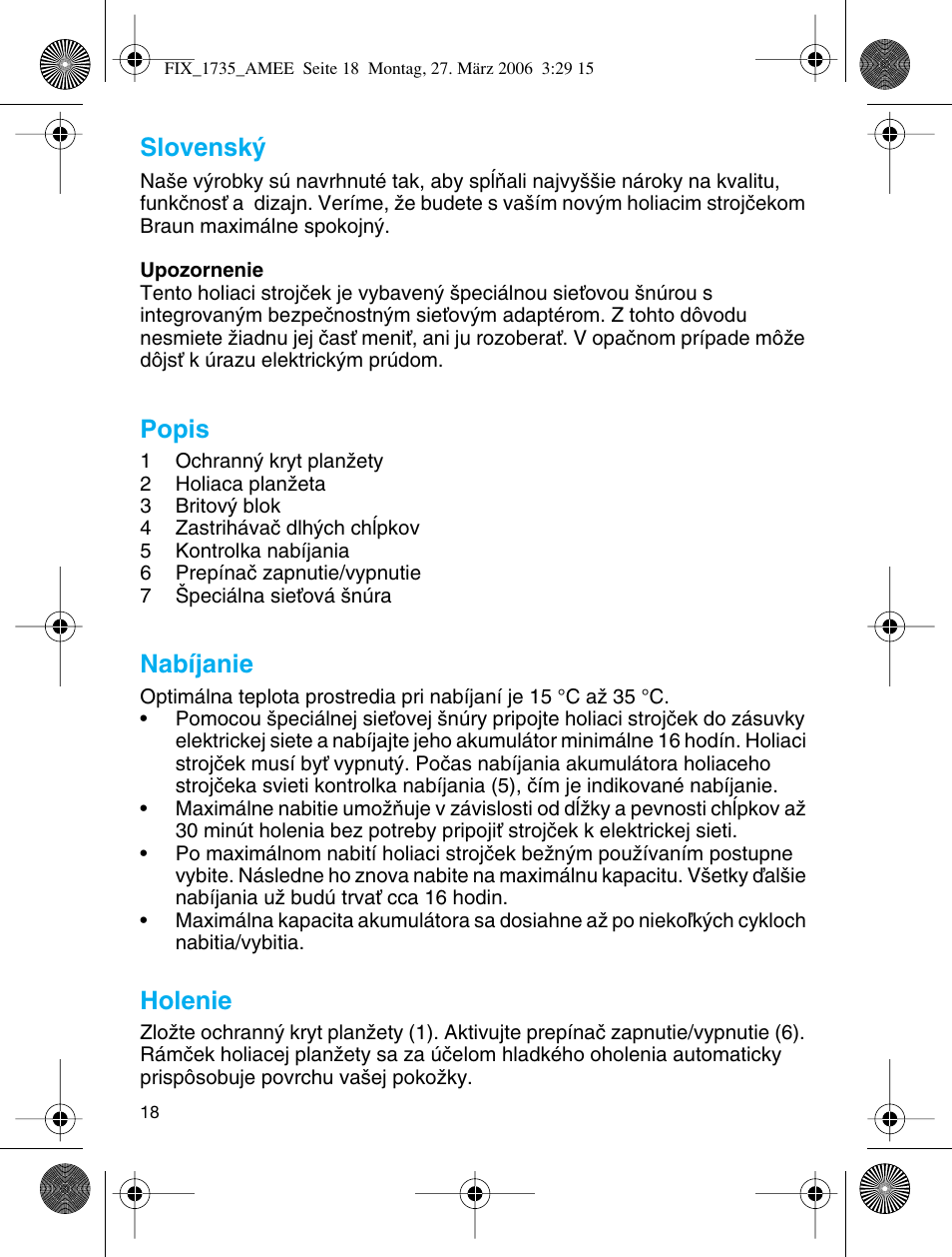 Slovensk, Popis, Nabíjanie | Holenie | Braun 1735 User Manual | Page 17 / 53