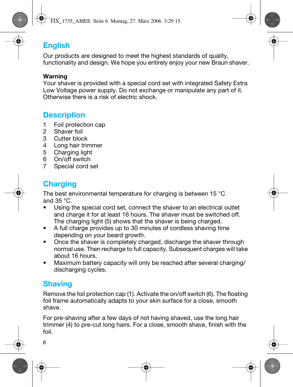 English, Description, Charging | Shaving | Braun 1735 User Manual | Page 5 / 53