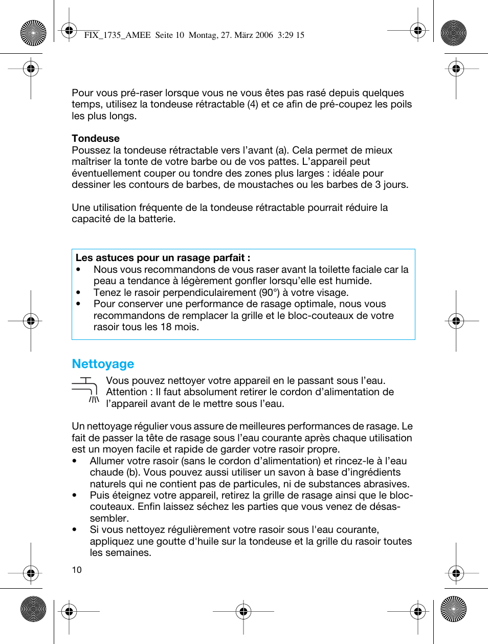 Nettoyage | Braun 1735 User Manual | Page 9 / 53