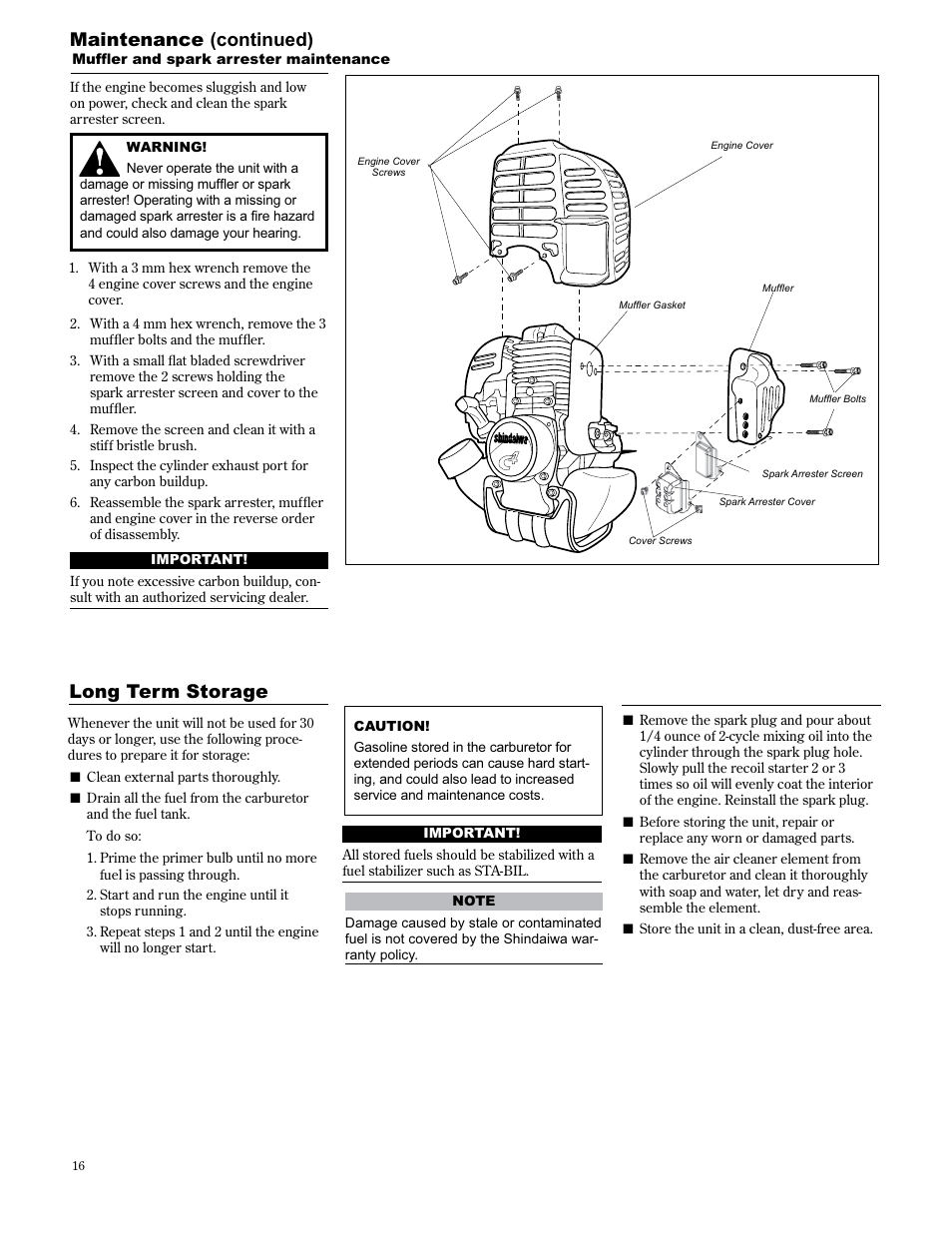 Maintenance (continued), Long term storage | Shindaiwa AH2510 User Manual | Page 16 / 72