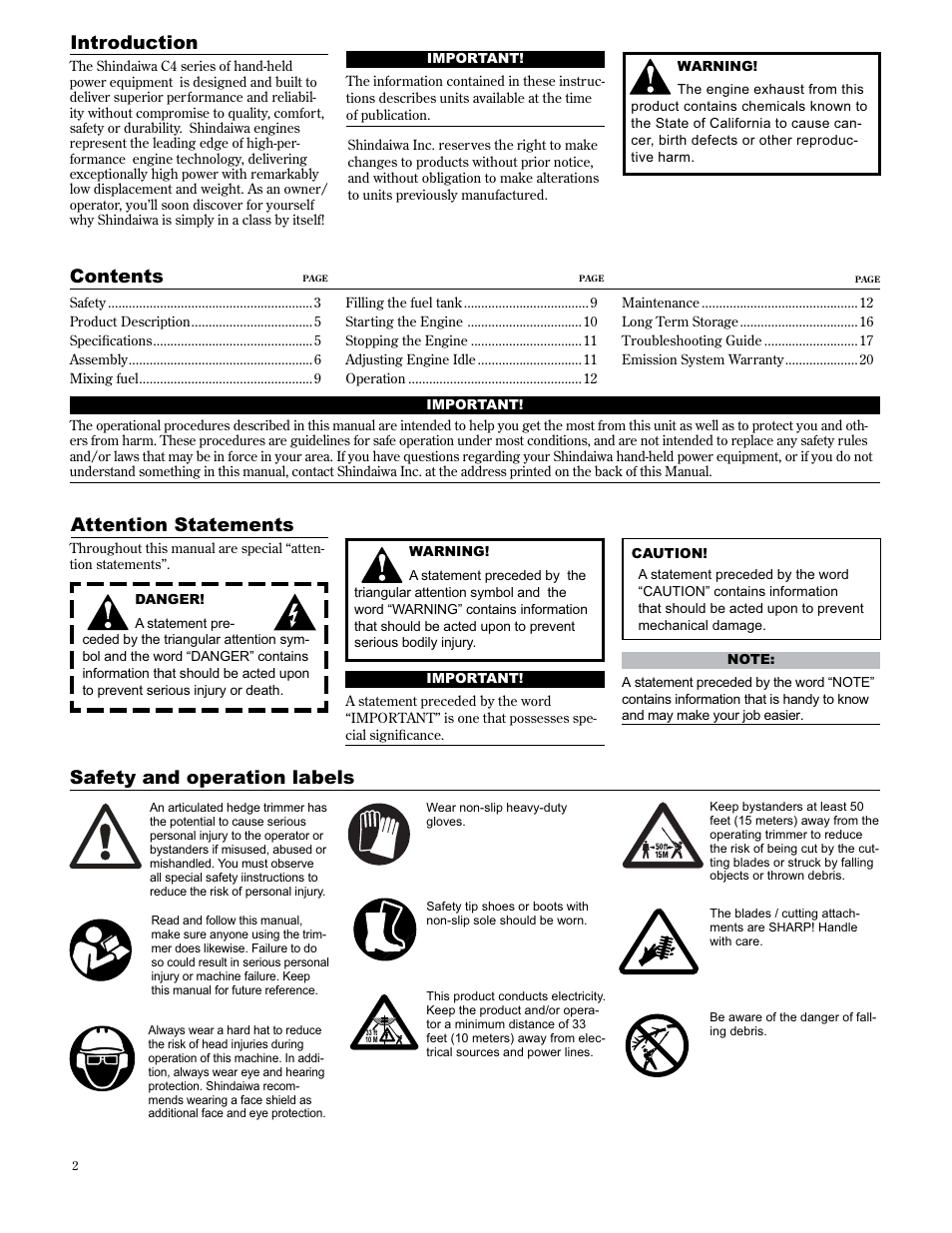 Introduction, Attention statements, Safety and operation labels contents | Shindaiwa AH2510 User Manual | Page 2 / 72