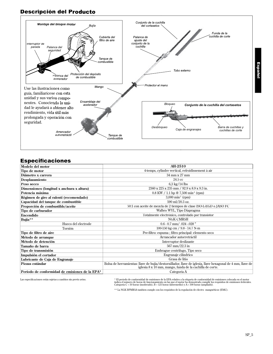 Descripció ión del pr, Vshflàfdflrqhv | Shindaiwa AH2510 User Manual | Page 29 / 72