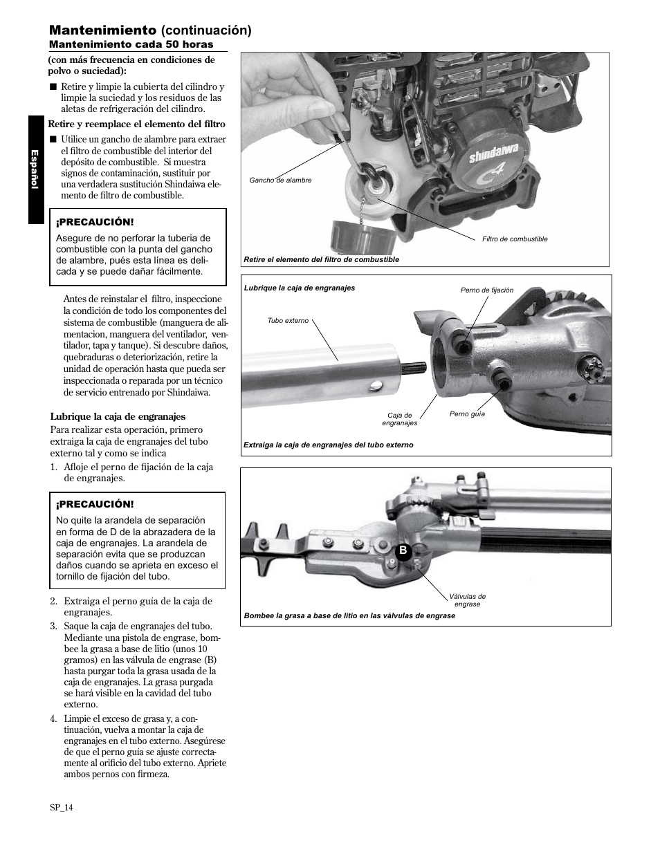 Mantenimiento (continuación) | Shindaiwa AH2510 User Manual | Page 38 / 72