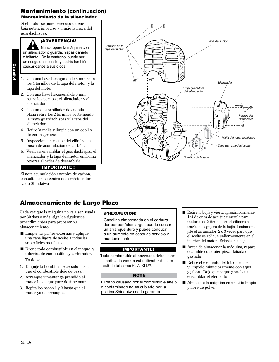 Mantenimiento (continuación), Almacenamiento de largo plazo | Shindaiwa AH2510 User Manual | Page 40 / 72