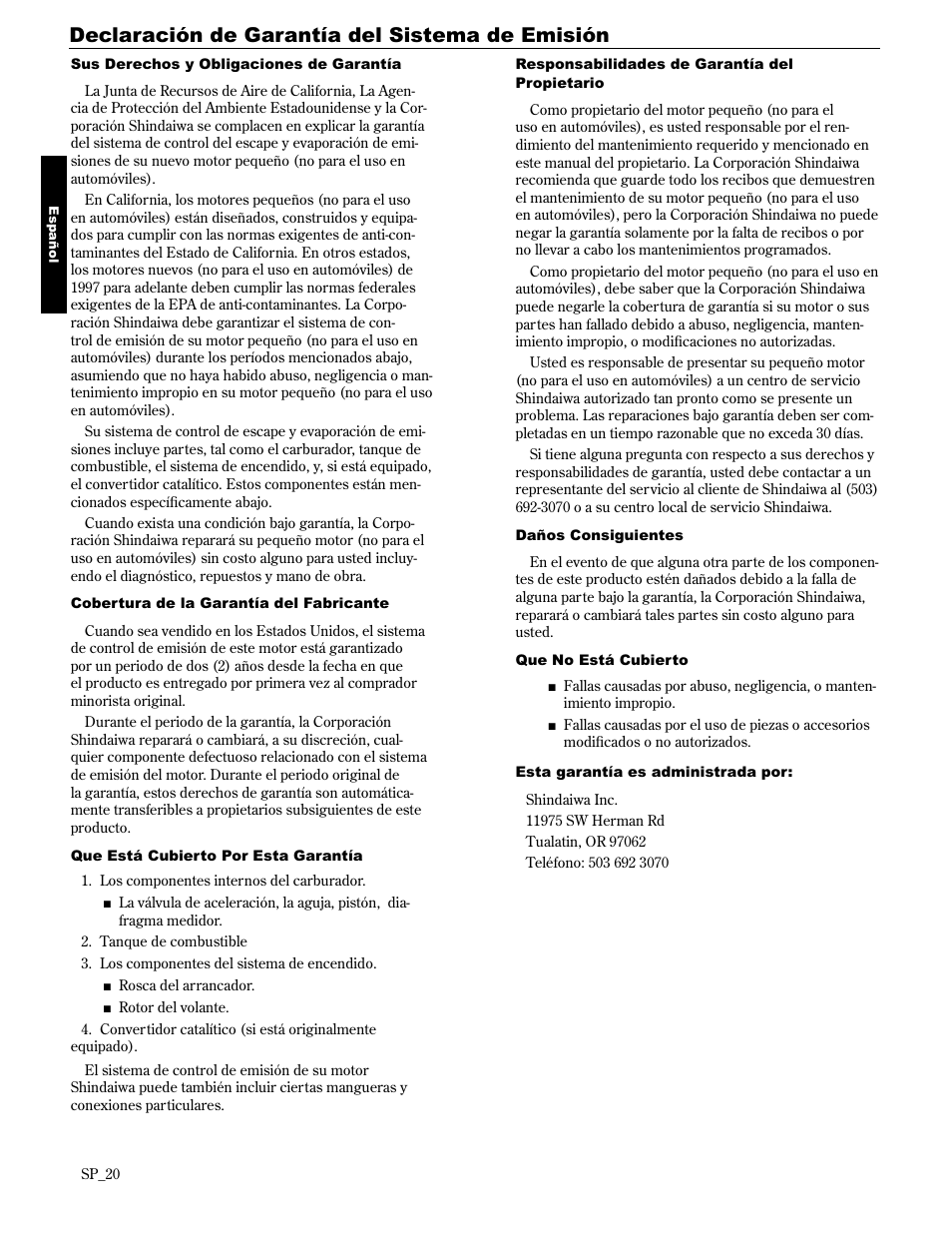 Declaración de garantía del sistema de emisión | Shindaiwa AH2510 User Manual | Page 44 / 72