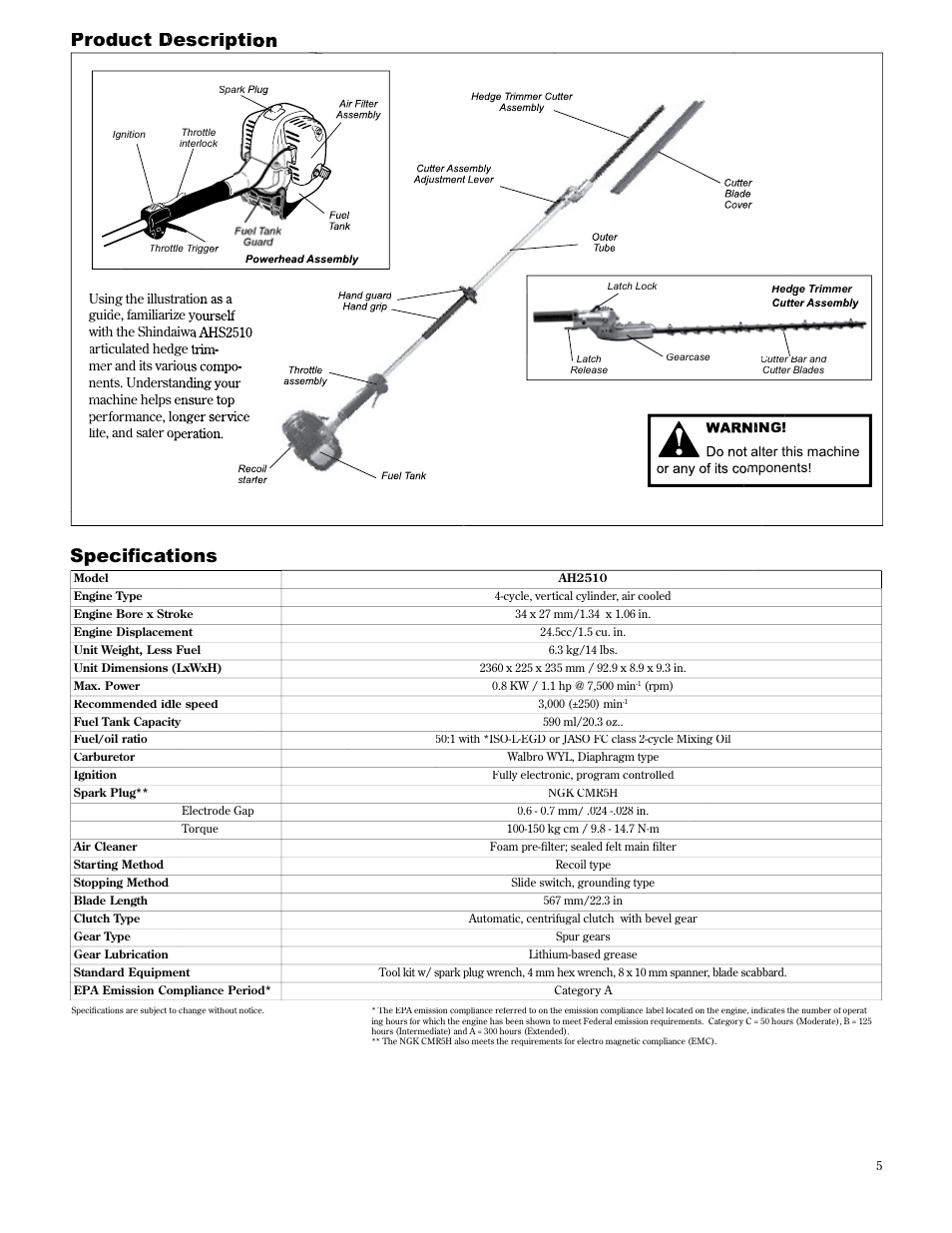 Product d descriptio, 6shflàfdwlrqv | Shindaiwa AH2510 User Manual | Page 5 / 72