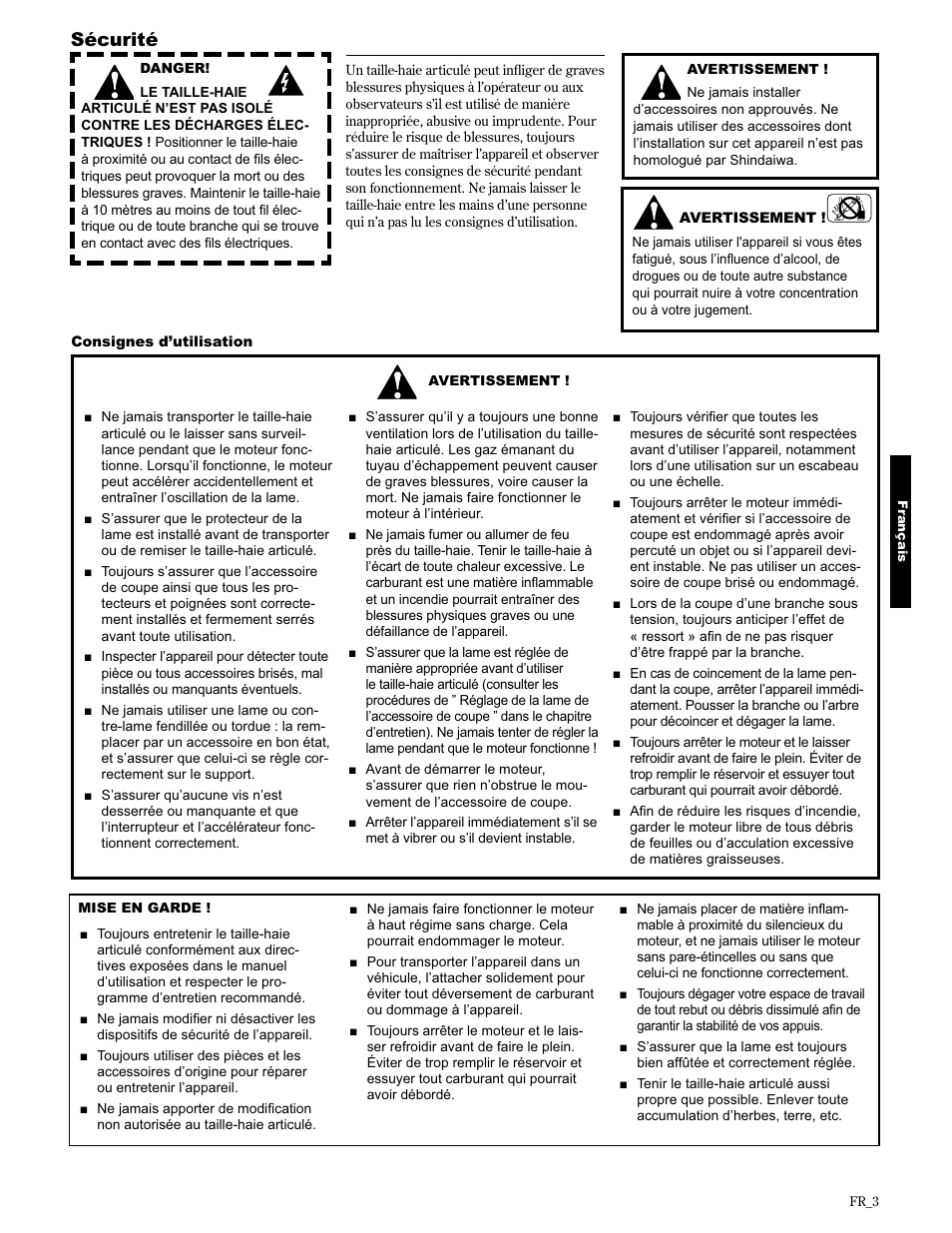 Sécurité | Shindaiwa AH2510 User Manual | Page 51 / 72