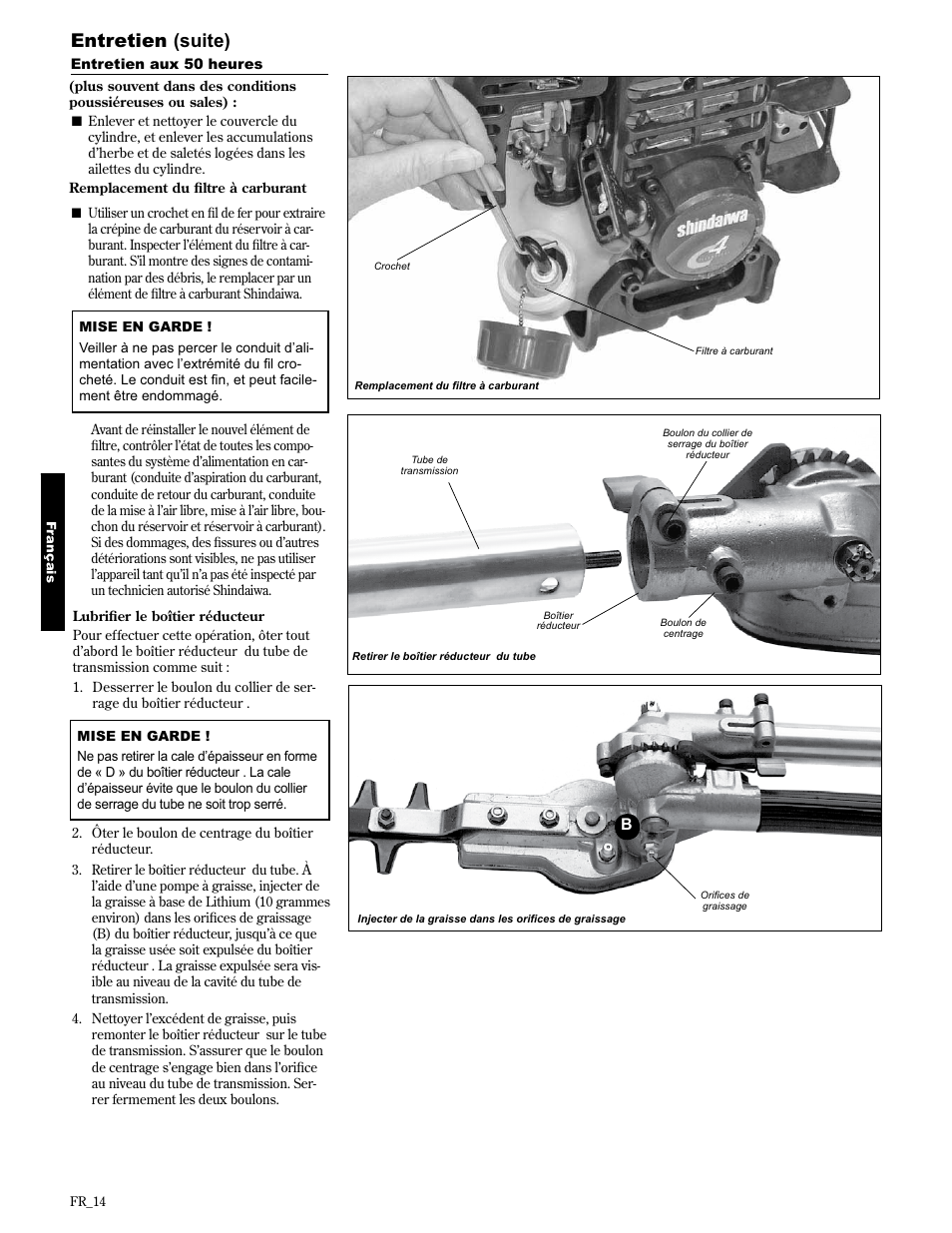 Entretien (suite) | Shindaiwa AH2510 User Manual | Page 62 / 72