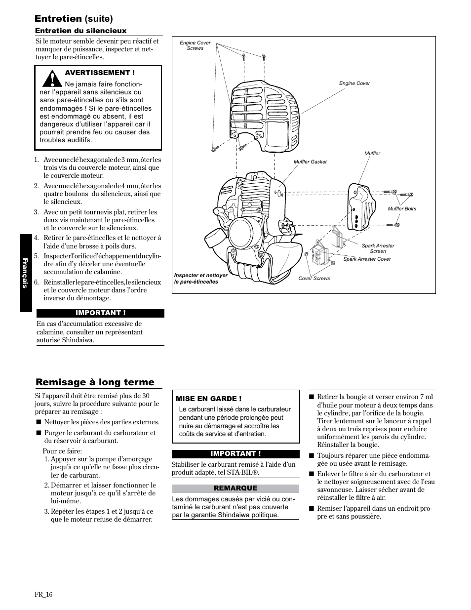 Entretien (suite), Remisage à long terme | Shindaiwa AH2510 User Manual | Page 64 / 72