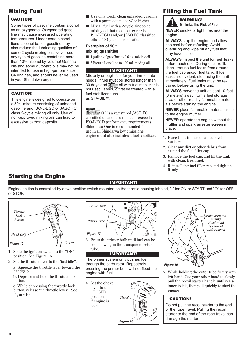 Starting the engine, Mixing fuel, Filling the fuel tank | Shindaiwa C3410 User Manual | Page 10 / 40