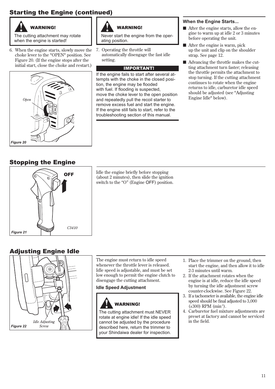 Starting the engine (continued), Stopping the engine adjusting engine idle | Shindaiwa C3410 User Manual | Page 11 / 40