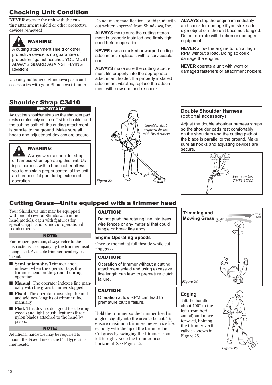 Cutting grass—units equipped with a trimmer head, Checking unit condition shoulder strap c3410 | Shindaiwa C3410 User Manual | Page 12 / 40