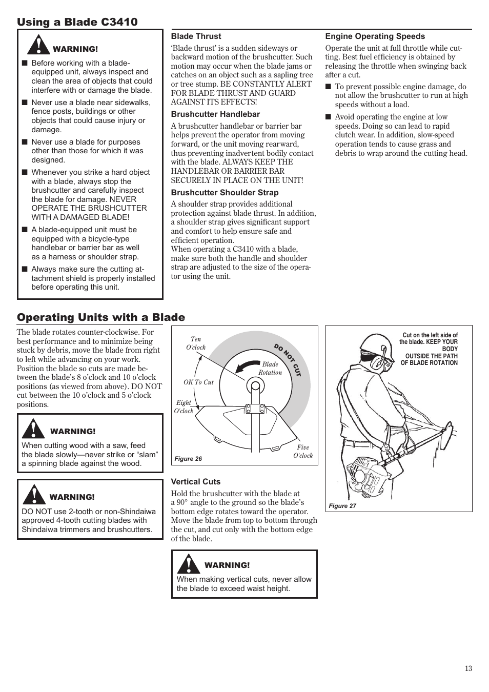 Using a blade c3410, Operating units with a blade | Shindaiwa C3410 User Manual | Page 13 / 40