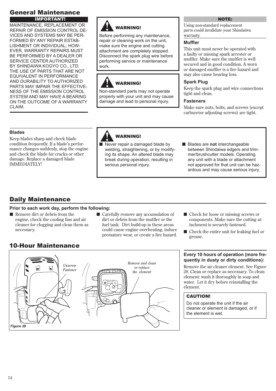 General maintenance, Daily maintenance, Hour maintenance | Shindaiwa C3410 User Manual | Page 14 / 40