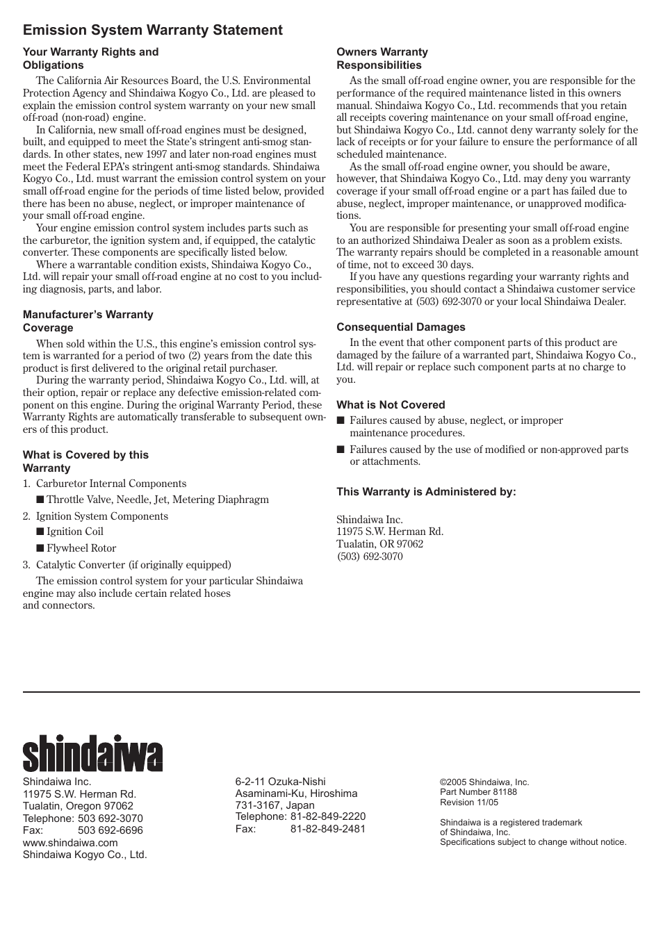 Emission system warranty statement | Shindaiwa C3410 User Manual | Page 20 / 40