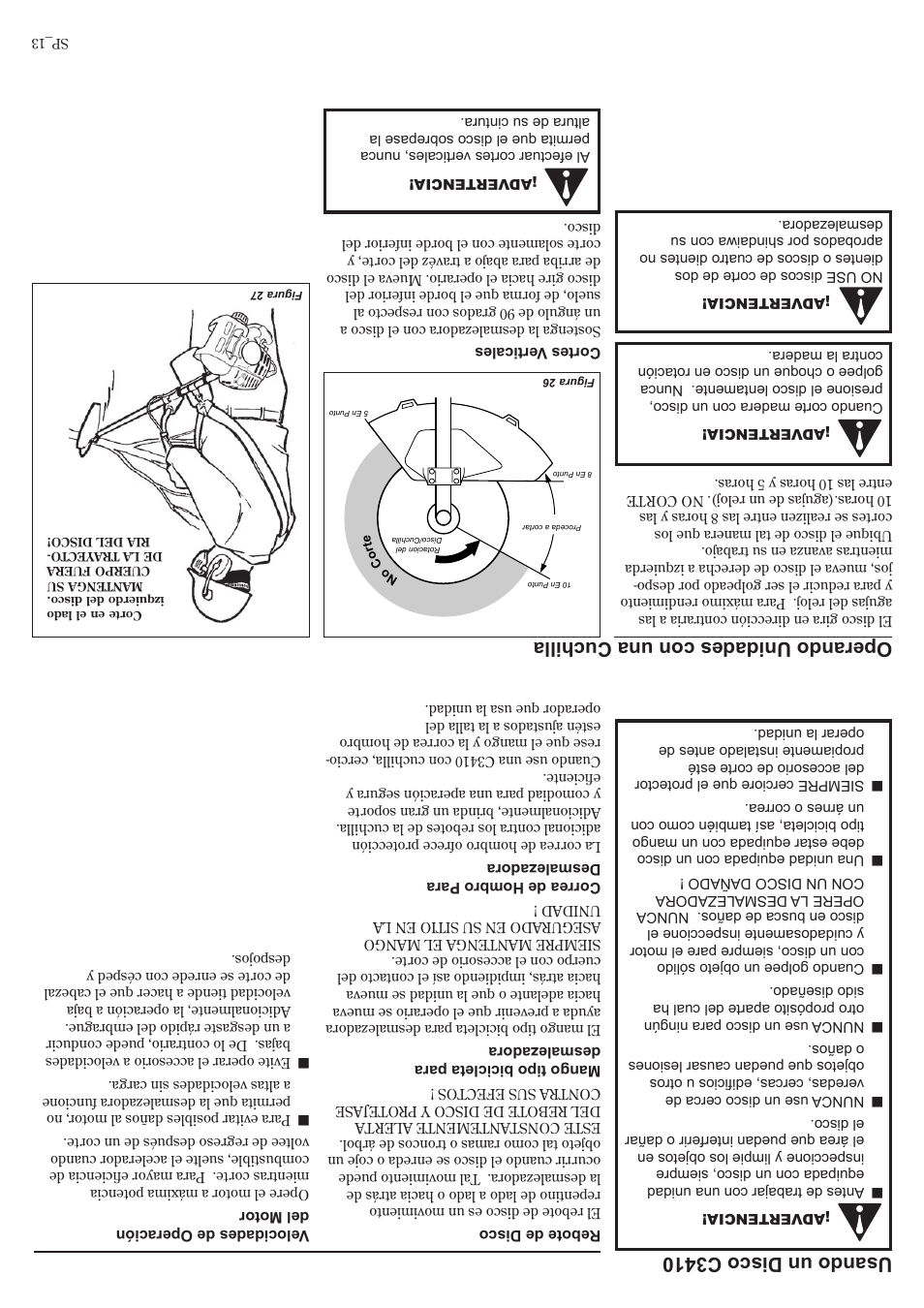 Usando un disco c3410, Operando unidades con una cuchilla | Shindaiwa C3410 User Manual | Page 28 / 40