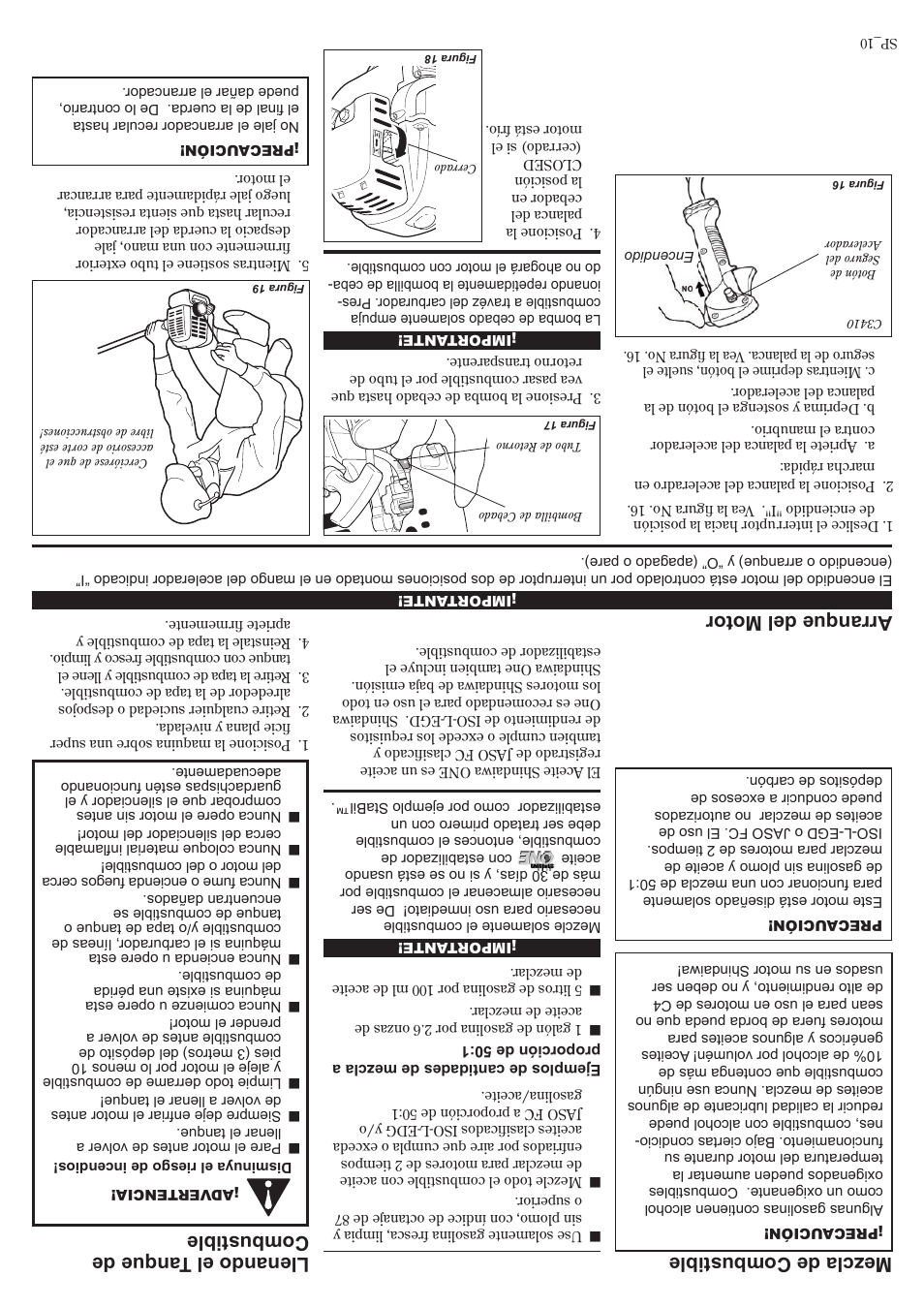 Arranque del motor, Mezcla de combustible, Llenando el tanque de combustible | Shindaiwa C3410 User Manual | Page 31 / 40