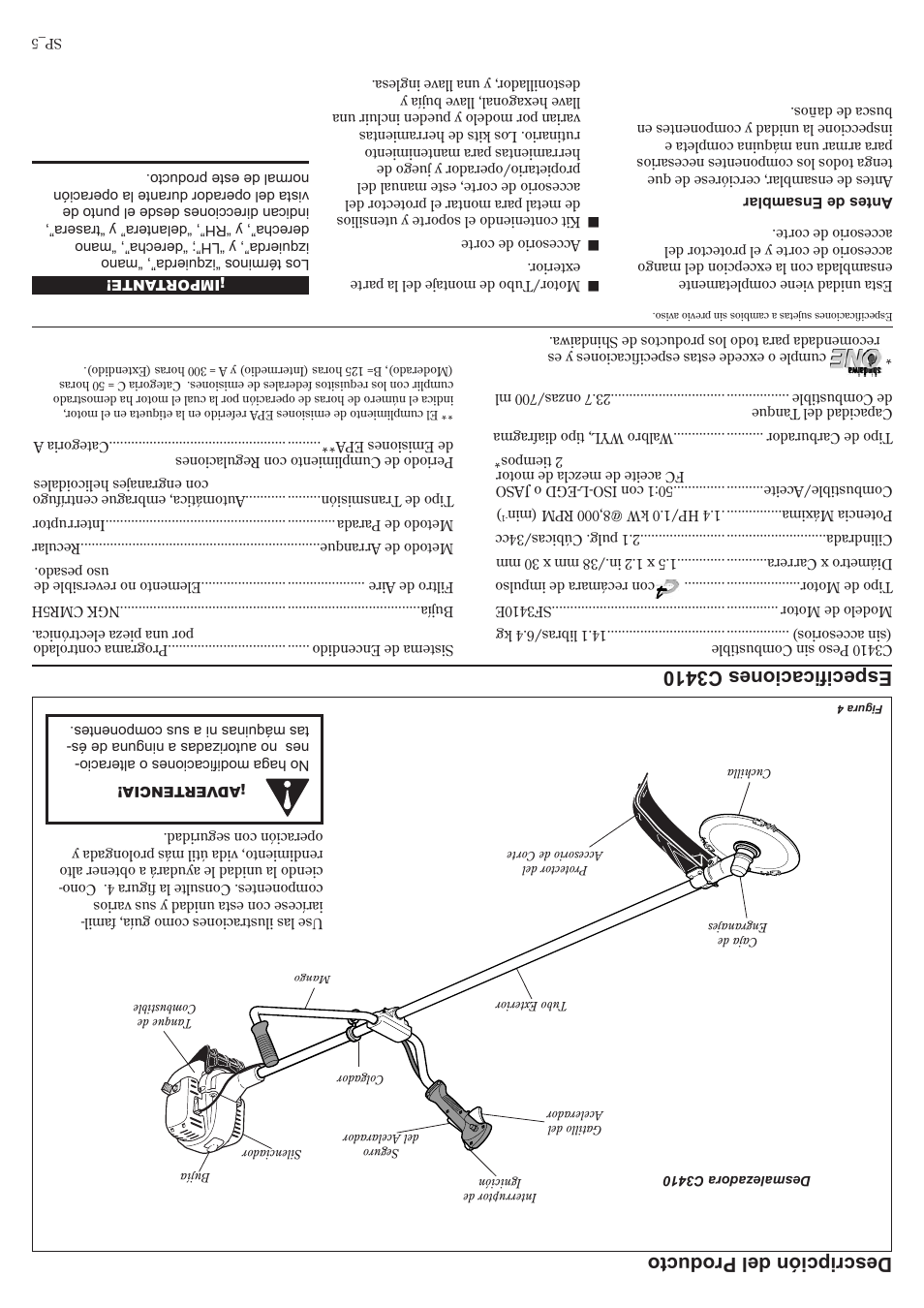 Descripción del producto, Especiﬁcaciones c3410 | Shindaiwa C3410 User Manual | Page 36 / 40