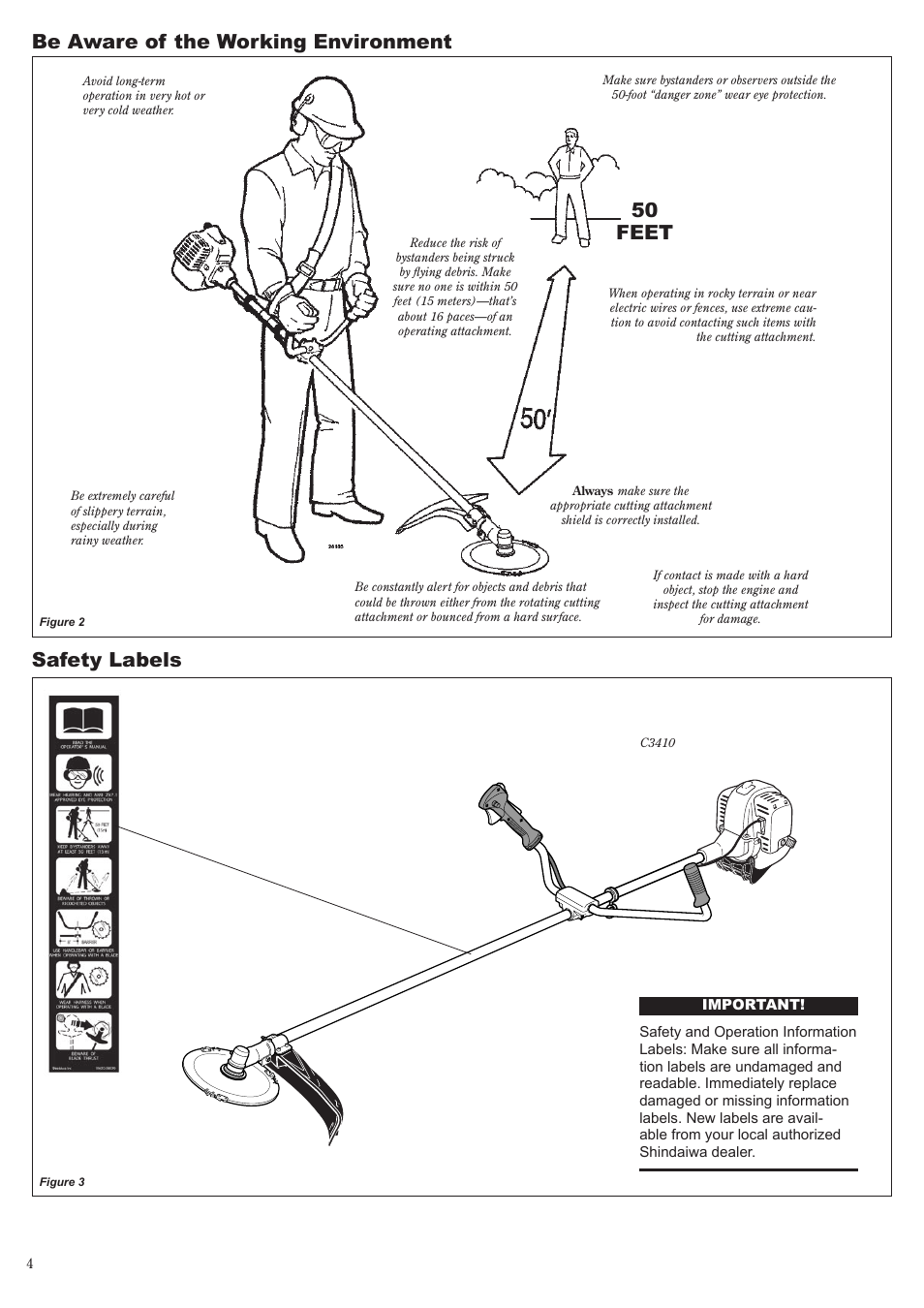 Safety labels, Be aware of the working environment, 50 feet | Shindaiwa C3410 User Manual | Page 4 / 40