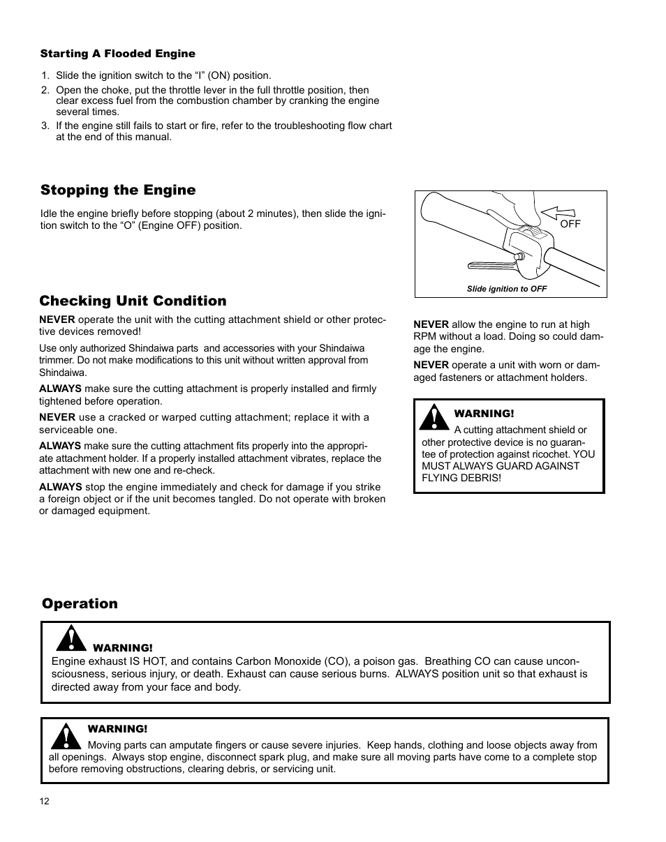 Checking unit condition, Stopping the engine, Operation | Shindaiwa H4 TRIMMER T344 User Manual | Page 12 / 28