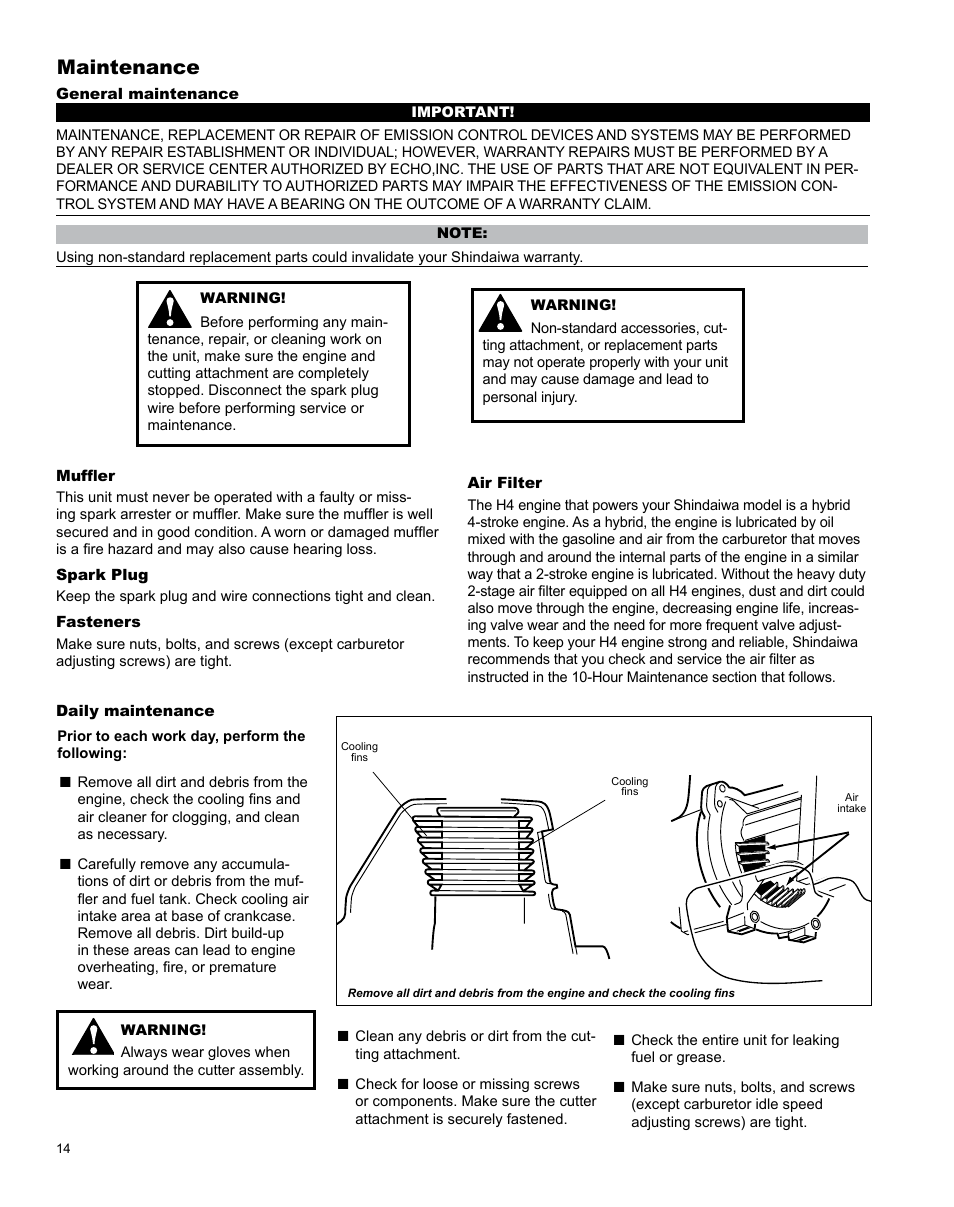 Maintenance | Shindaiwa H4 TRIMMER T344 User Manual | Page 14 / 28