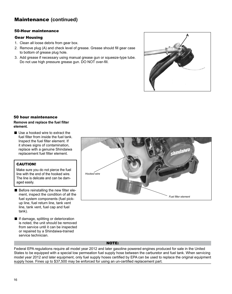 Maintenance (continued) | Shindaiwa H4 TRIMMER T344 User Manual | Page 16 / 28