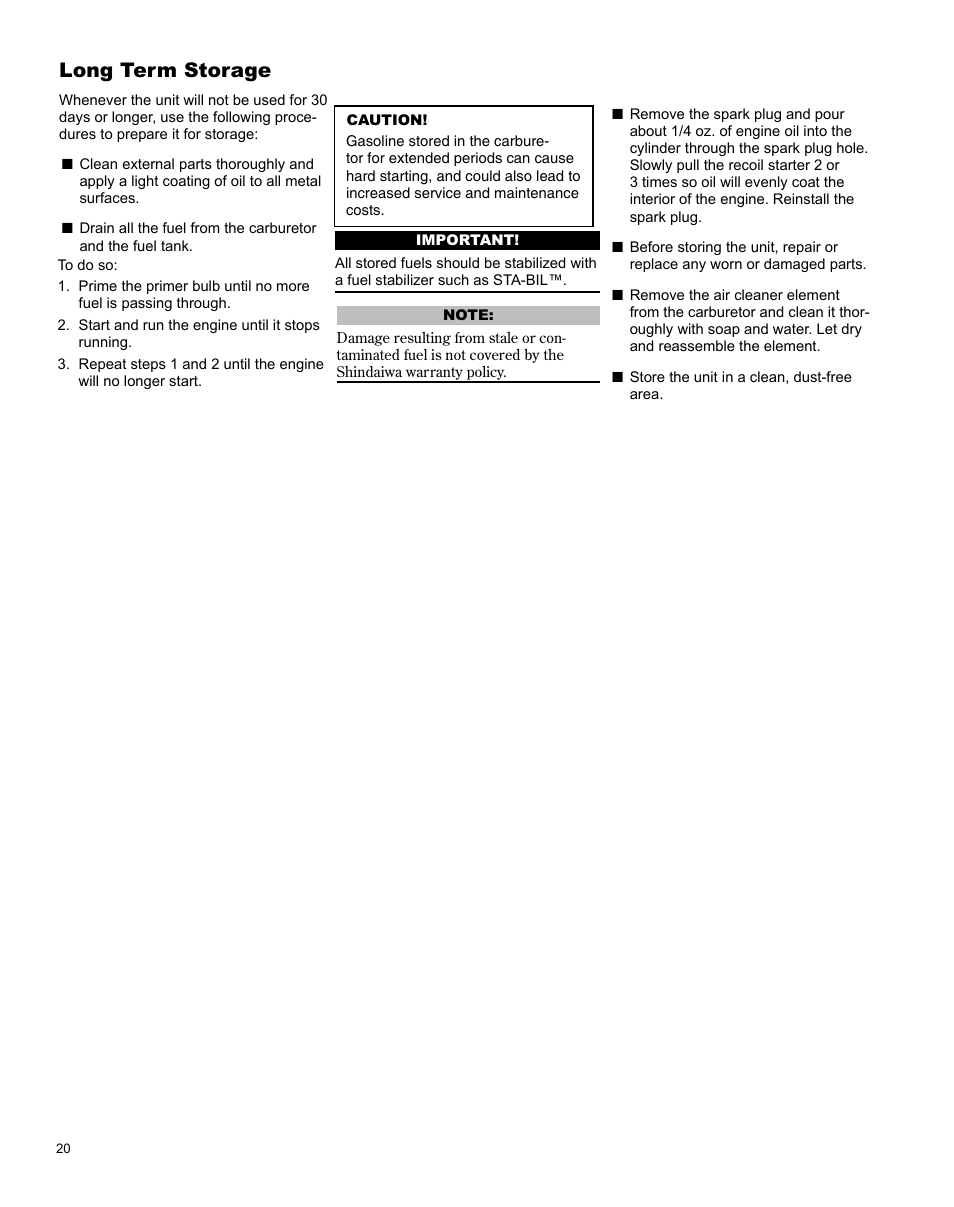 Long term storage | Shindaiwa H4 TRIMMER T344 User Manual | Page 20 / 28