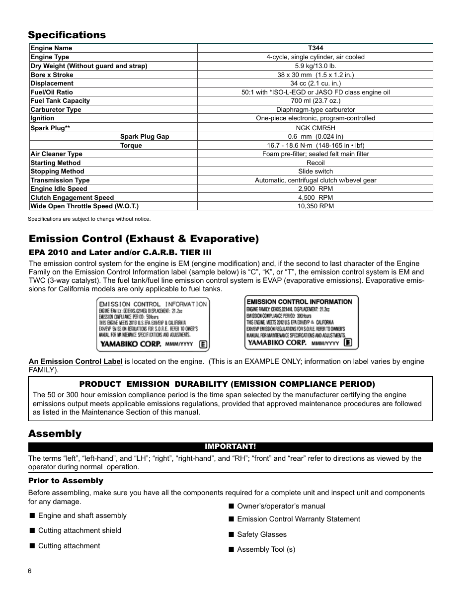 Specifications, Assembly, Emission control (exhaust & evaporative) | Shindaiwa H4 TRIMMER T344 User Manual | Page 6 / 28