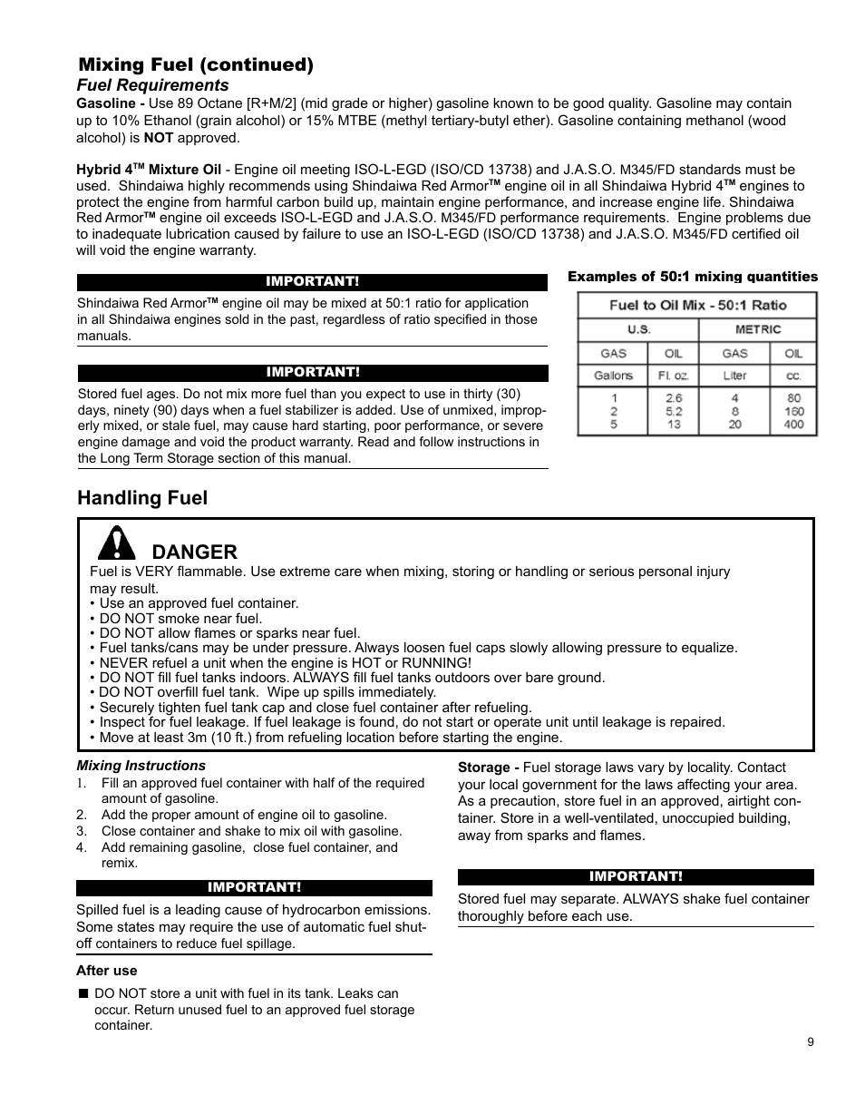 Handling fuel, Danger, Mixing fuel (continued) | Shindaiwa H4 TRIMMER T344 User Manual | Page 9 / 28