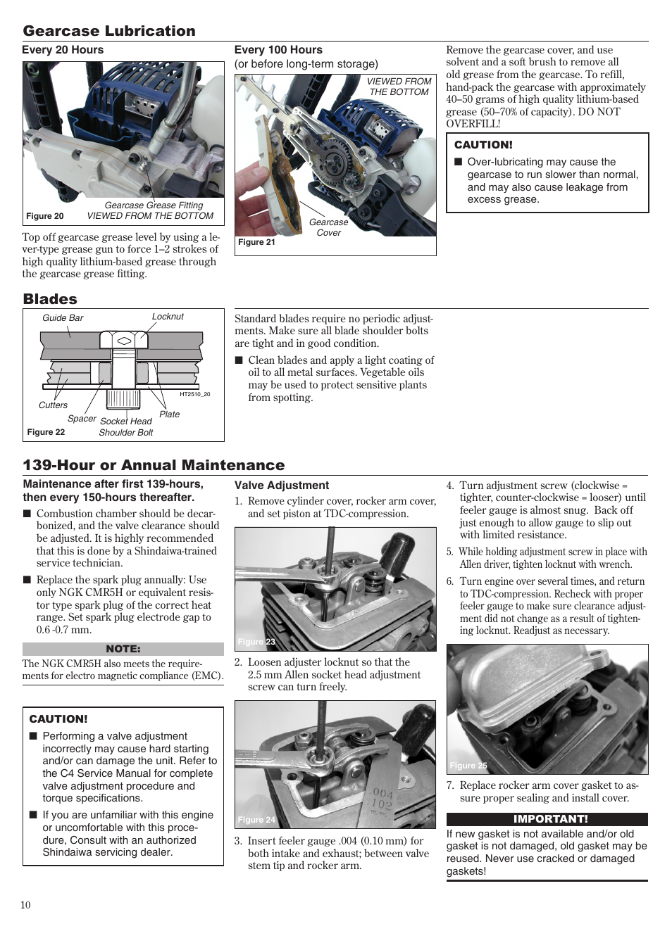 Gearcase lubrication, Hour or annual maintenance, Blades | Shindaiwa 81650 User Manual | Page 10 / 48