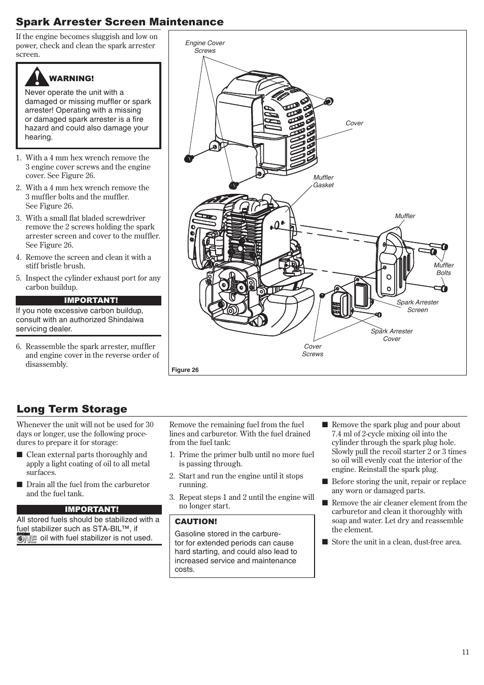 Long term storage, Spark arrester screen maintenance | Shindaiwa 81650 User Manual | Page 11 / 48