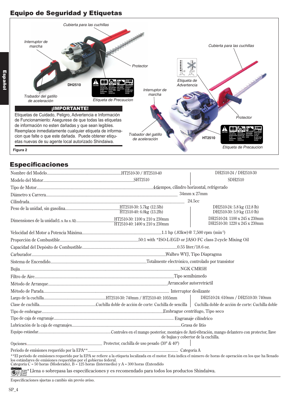 Equipo de seguridad y etiquetas, Especificaciones, Español nombre del modelo | Modelo del motor, Tipo de motor, Diámetro x carrera, Cilindrada, Peso de la unidad, sin gasolina, Dimensiones de la unidad, Velocidad del motor a potencia máxima | Shindaiwa 81650 User Manual | Page 20 / 48