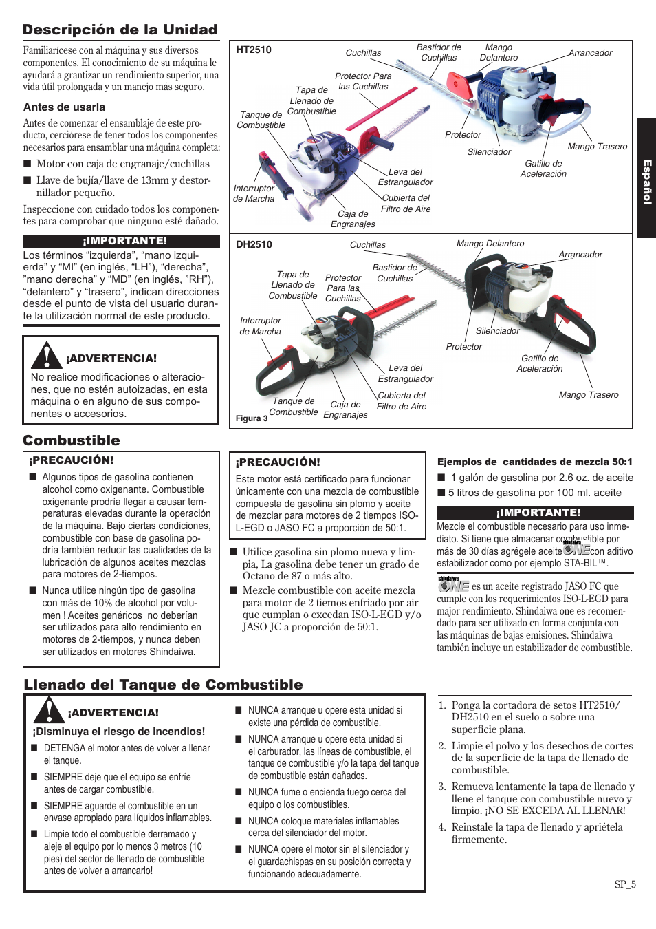 Descripción de la unidad, Combustible, Llenado del tanque de combustible | Shindaiwa 81650 User Manual | Page 21 / 48