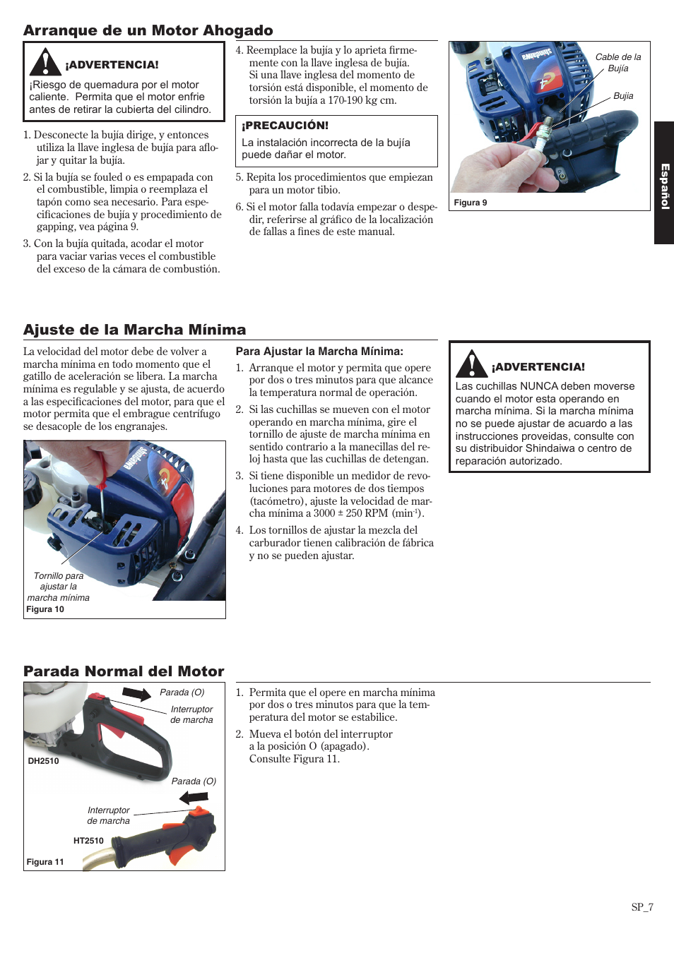 Ajuste de la marcha mínima, Arranque de un motor ahogado, Parada normal del motor | Shindaiwa 81650 User Manual | Page 23 / 48